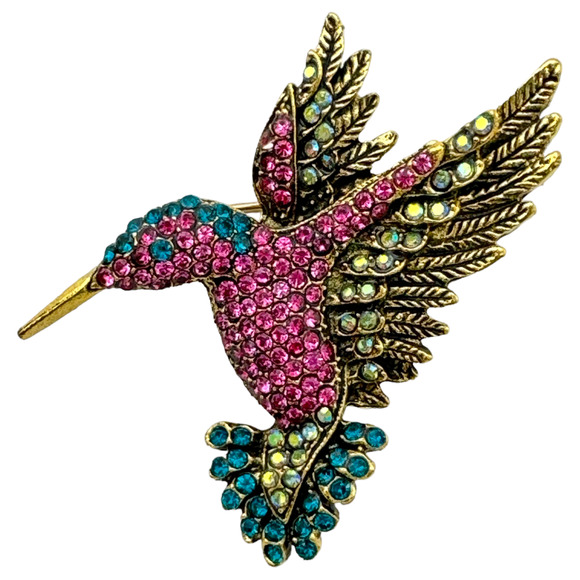 Colorful Hummingbird Brooch Pin, Rhinestone Crystals, Pendant Hook, Gift Bag - Picture 1 of 3